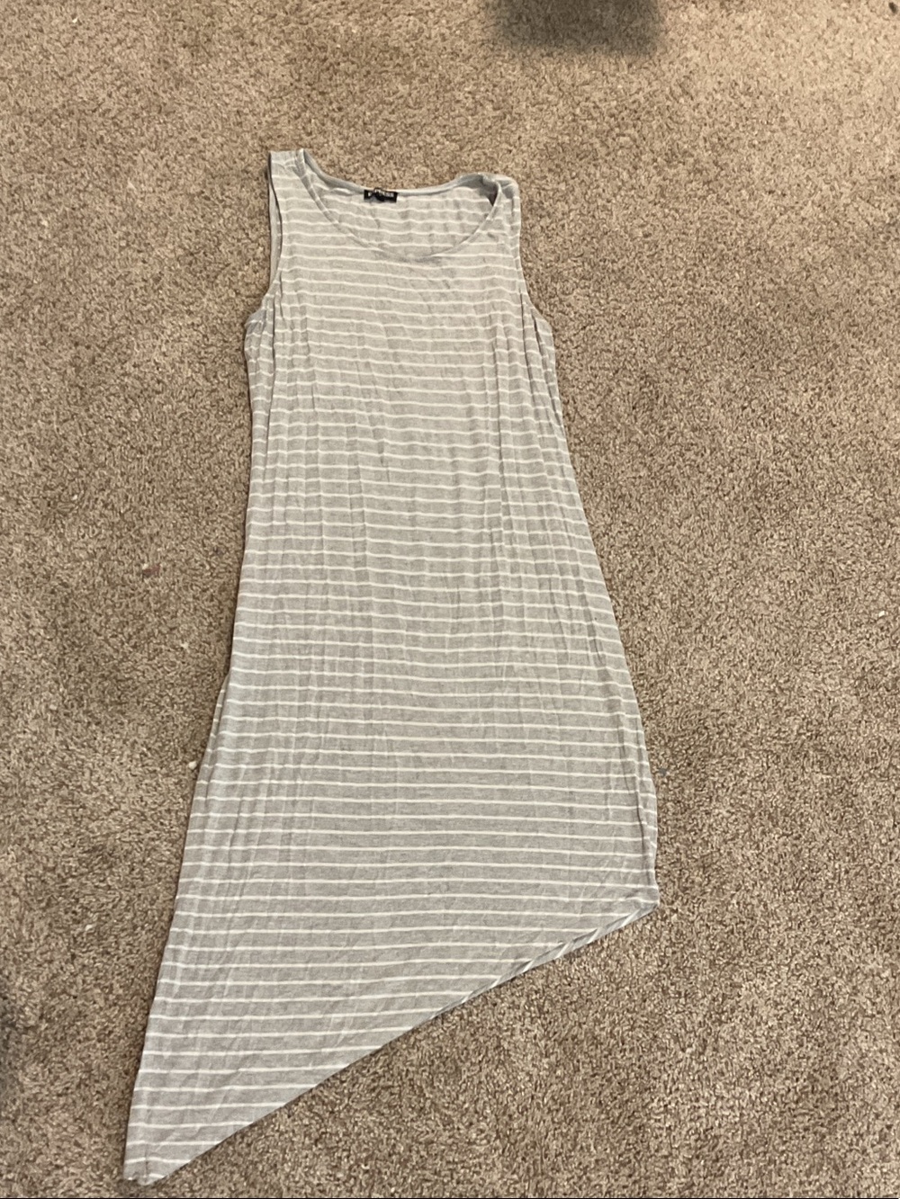 Express Light Gray & White Striped Asymmetrical Midi Dress